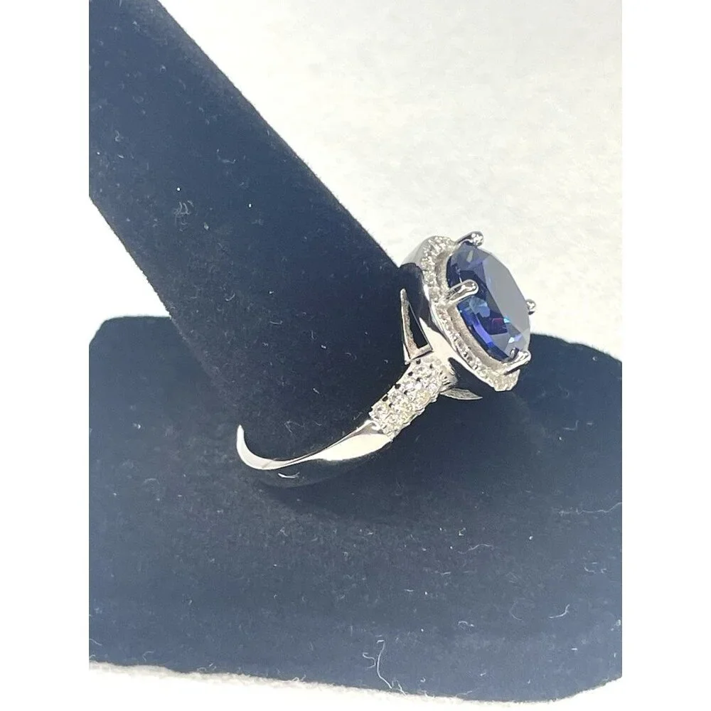 Tanzanite & White Topaz Halo Ring Size 9 925 Sterling Silver 3.84 Ct